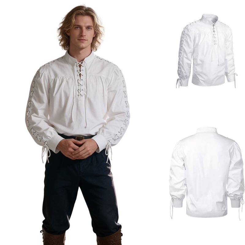 Medieval Gothic Lace Up Pirate Shirt - Camisa de manga larga con cuello