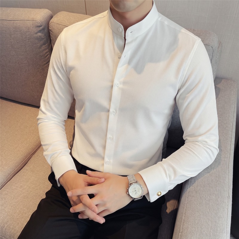 Camisa de manga larga con cuel - Mandarin Collar Formal Shirt Slim Fit reseña y precio