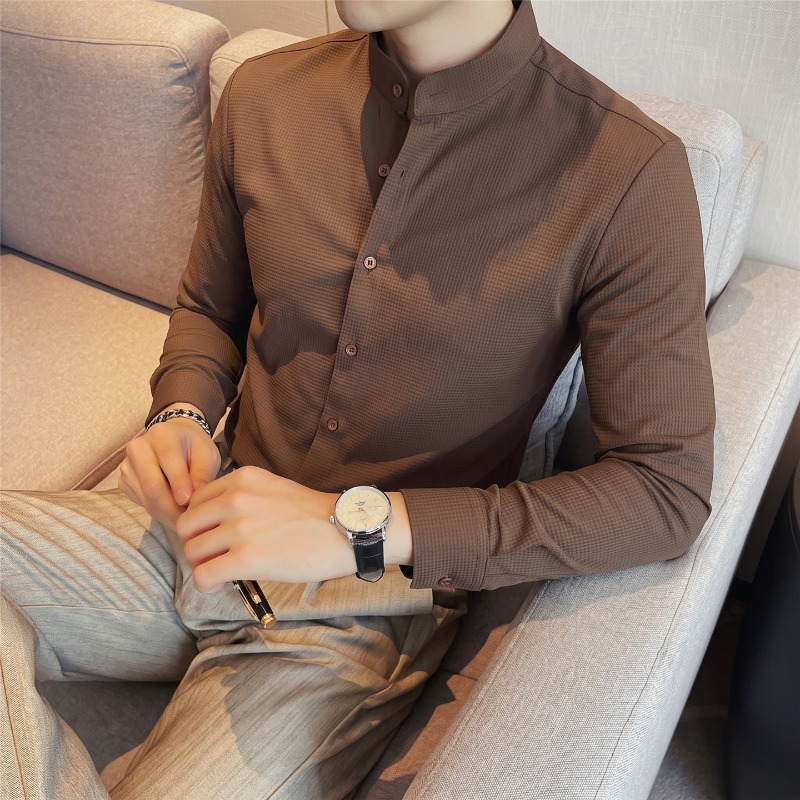 Camisa de manga larga con cuel - Mandarin Collar Formal Shirt Slim Fit reseña y precio