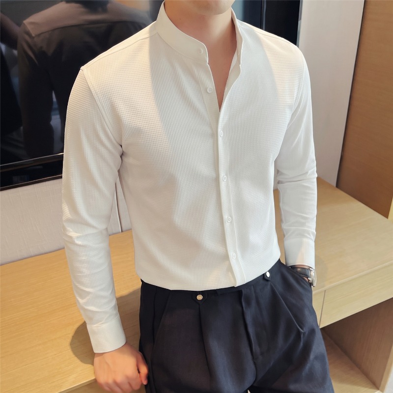 Camisa de manga larga con cuel - Mandarin Collar Formal Shirt Slim Fit reseña y precio