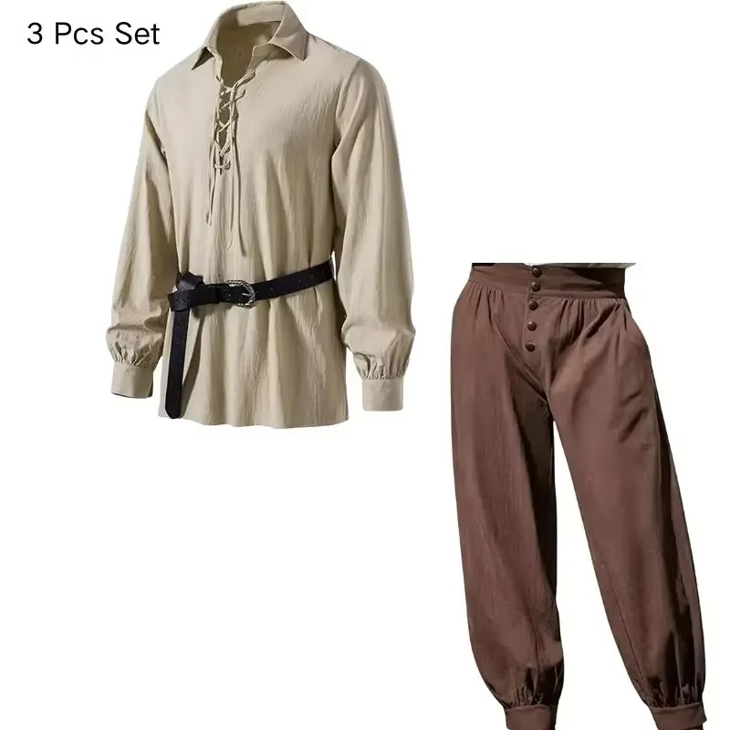 Conjunto de 3 piezas de hombre - Medieval Gothic Lace Up Pirate Shirt reseña y precio